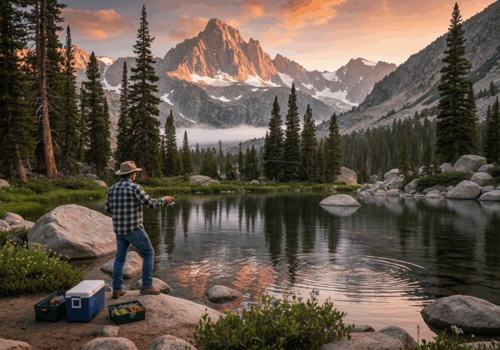 A man fishing in a tranquil lake with majestic mountains in the background in California.